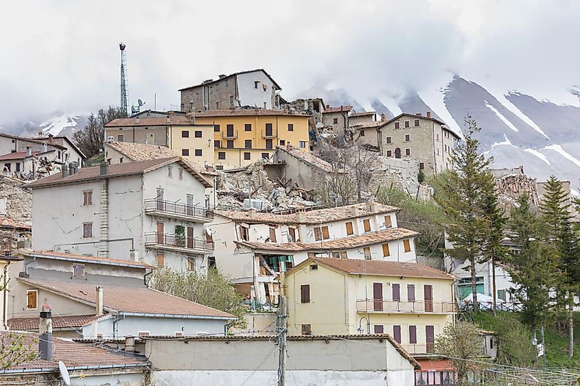 Damage from an earthquake with a magnitude of 6.5 in Castelluccio, Italy. 